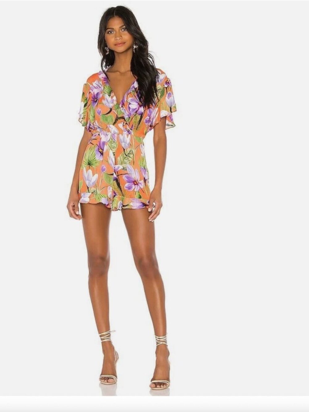 Alice + Olivia Women's Romper Sachi Tropical Floral Palm Coral Viscose Size 8